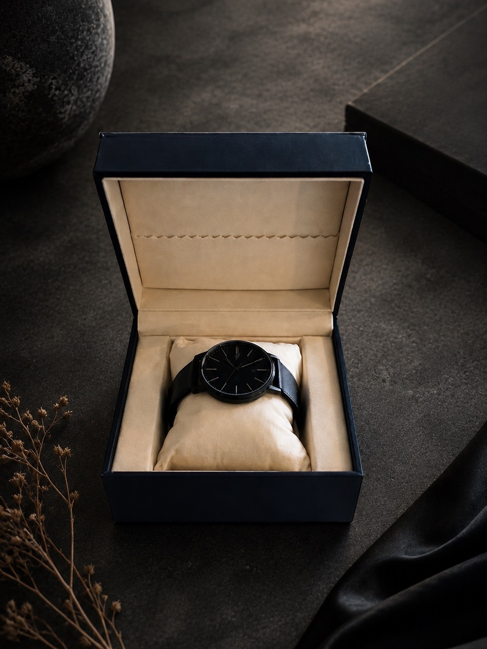 Men's Black Leather Strap Dress Watch - Minimalist Design